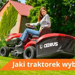 Kobieta siedzi na czerwonym traktorku kosiarka Cedrus, idealnym do nierównych terenów.