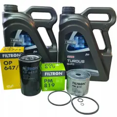 Zestaw filtrów i olej silnikowy 15W-40 Lotos Turdus SHPD. Idealny, by dowiedzieć się, jaki olej do C360.
