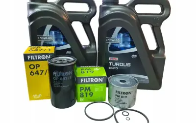 Zestaw filtrów i olej silnikowy 15W-40 Lotos Turdus SHPD. Idealny, by dowiedzieć się, jaki olej do C360.
