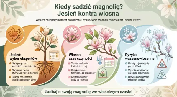 Kiedy sadzić magnolię? Jesień to wybór ekspertów, bo nagrzana ziemia stymuluje wzrost korzeni. Wiosną kwitnące okazy sadź po 15 maja.