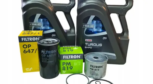 Zestaw filtrów i olej silnikowy 15W-40 Lotos Turdus SHPD. Idealny, by dowiedzieć się, jaki olej do C360.