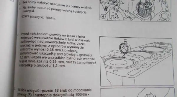 Instrukcja dokręcania głowicy C360: pomiar wystawania tłoków, montaż uszczelki i dokręcanie śrub.