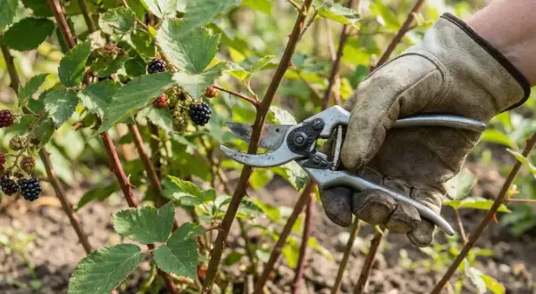 Ręka w rękawicy przycina gałązkę jeżyn z dojrzałymi owocami. Poradnik: jak przycinać jeżyny.