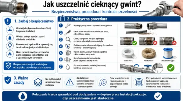 Instrukcja uszczelniania gwintu: od bezpieczeństwa po kontrolę szczelności. Pamiętaj o ciśnieniu 1 atm.