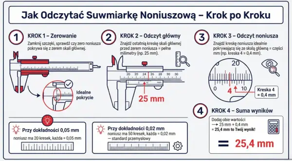 Instrukcja jak mierzyć suwmiarką 0,05 mm. Pokazuje zerowanie, odczyt główny (25 mm), odczyt noniusza (0,4 mm) i sumowanie wyników.