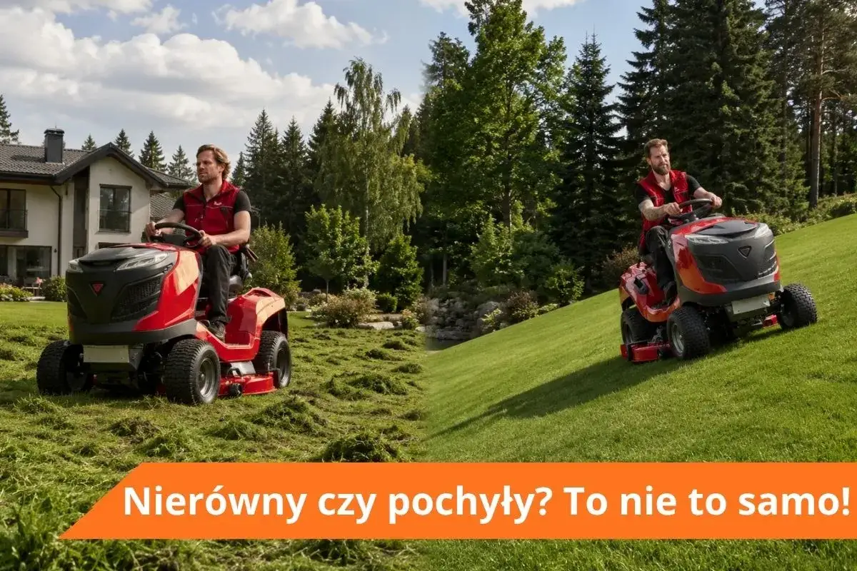Dwóch mężczyzn na czerwonych traktorkach kosiarkach. Jeden kosi trawę na nierównym terenie, drugi na pochyłym. Jaki traktorek kosiarka na nierówny teren?