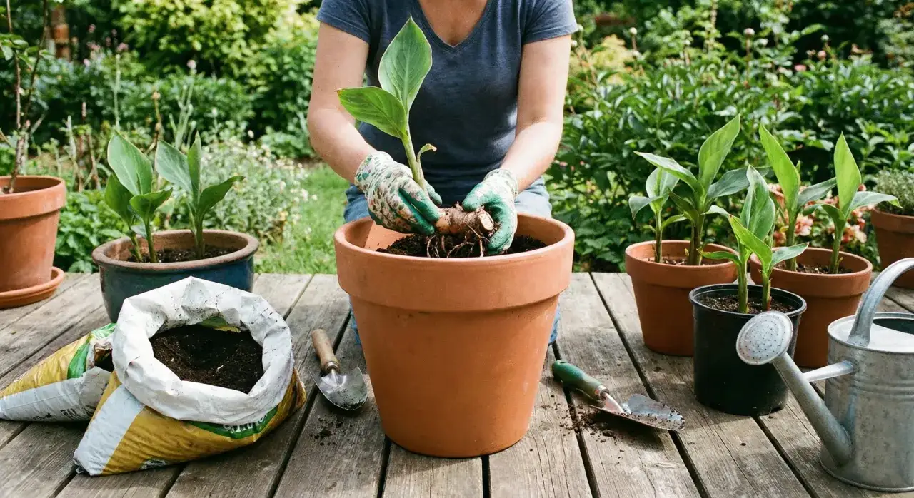 Ręce w rękawiczkach sadzą młodą kannę do dużej doniczki. Idealny czas, kiedy sadzić kanny do doniczek, to wiosna.