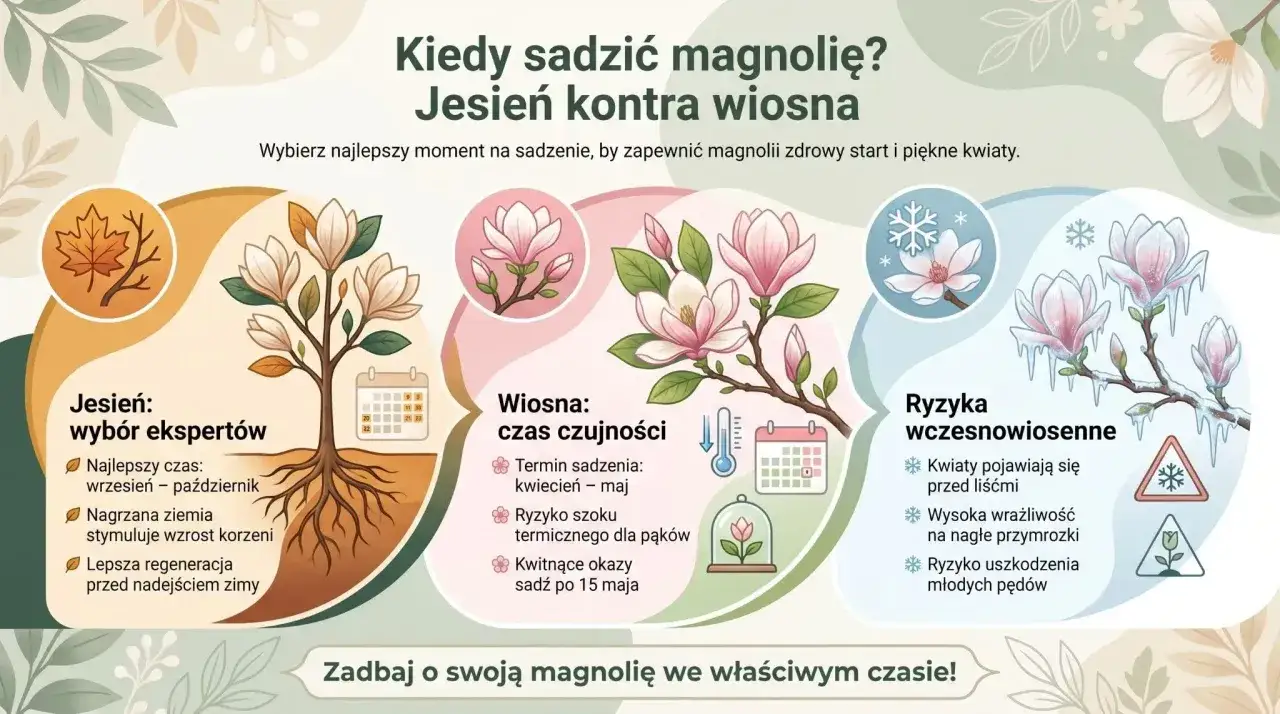 Kiedy sadzić magnolię? Jesień (wrzesień-październik) to wybór ekspertów, zapewniający lepszą regenerację. Wiosną (kwiecień-maj) ryzyko szoku termicznego.