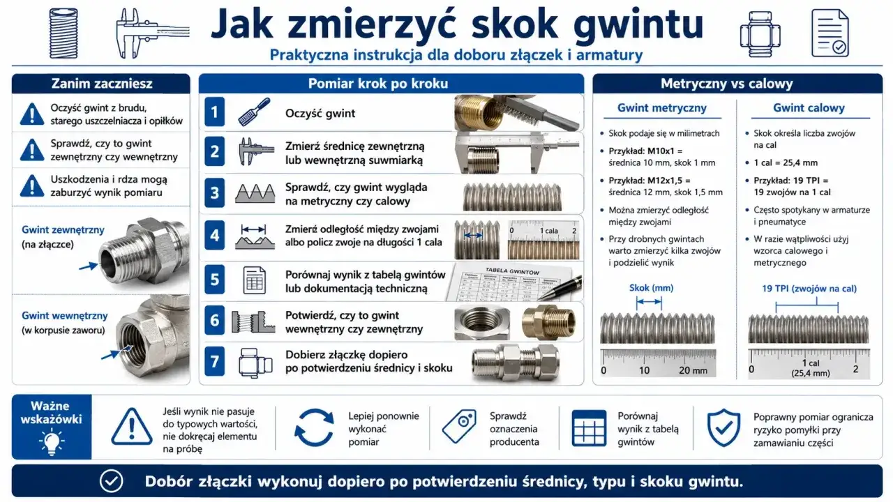 Instrukcja mierzenia gwintu: sprawdź gwint metryczny skok, średnicę, porównaj z tabelą.